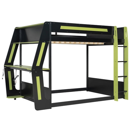 Full-Size Gaming Bunk Bed with Side-Mounted Oversized RGB Desk, USB