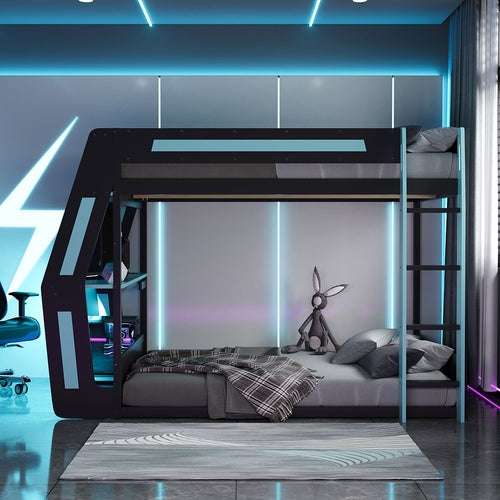 Full-Size Gaming Bunk Bed with Side-Mounted Oversized RGB Desk, USB