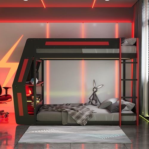 Full-Size Gaming Bunk Bed with Side-Mounted Oversized RGB Desk, USB